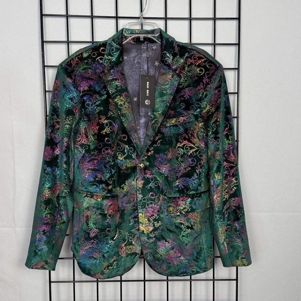 Mage Male Blazer Mens Small Green Multi Velvet Holographic Paisley Dinner Jacket